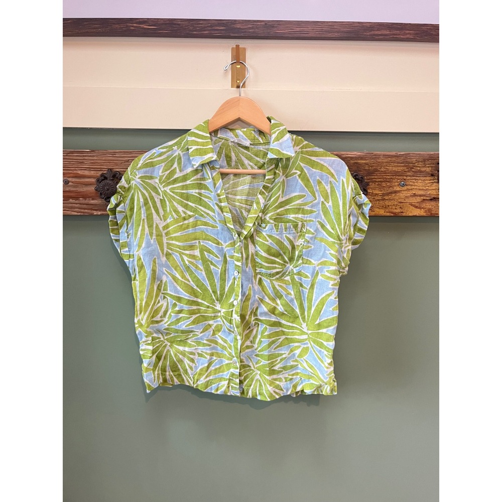 Sigrid Olsen 100% Linen Tropical Palm Leaf Print Button Up Shirt Green Blue Med.
